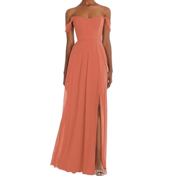After Six Chiffon Terracotta Off Shoulder Basque Neck Maxi Dress Gown 8 NWT - Picture 1 of 15